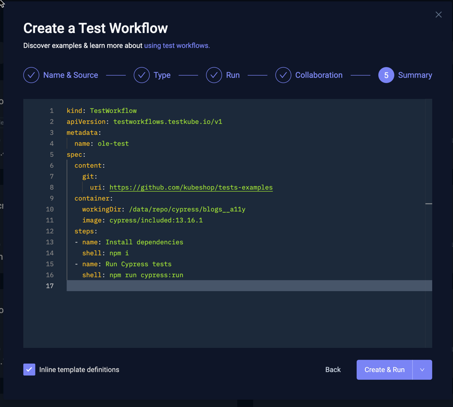 Test Workflow Wizard Summary with inline Template